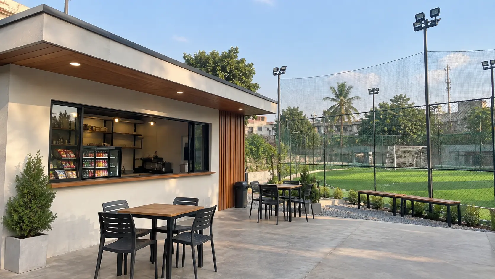 Cafeteria building beside the football turf in daylight