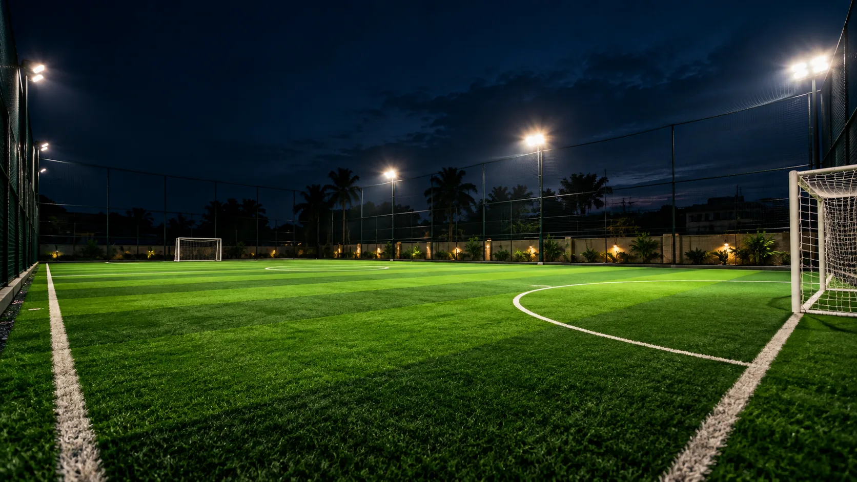 The turf under floodlights at night