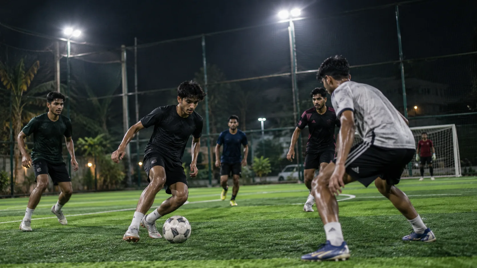 Night match action on the turf