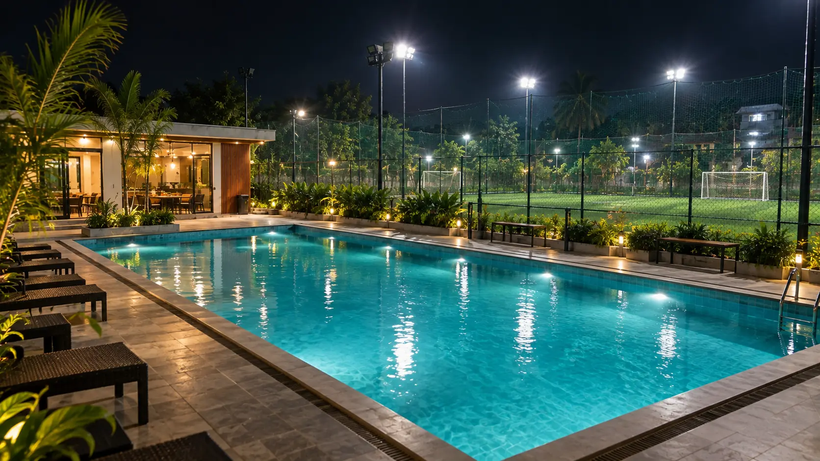 Floodlit swimming pool beside the turf at night